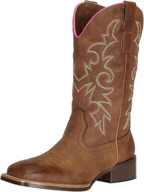 Women's Brown Faux Leather Botte Cowboy Femme Square Toe Mid Calf Cowboy Boots